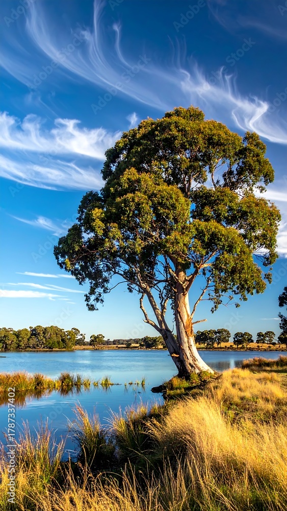 Obraz premium A tranquil lakeside scene with a solitary tree under a swirling blue sky