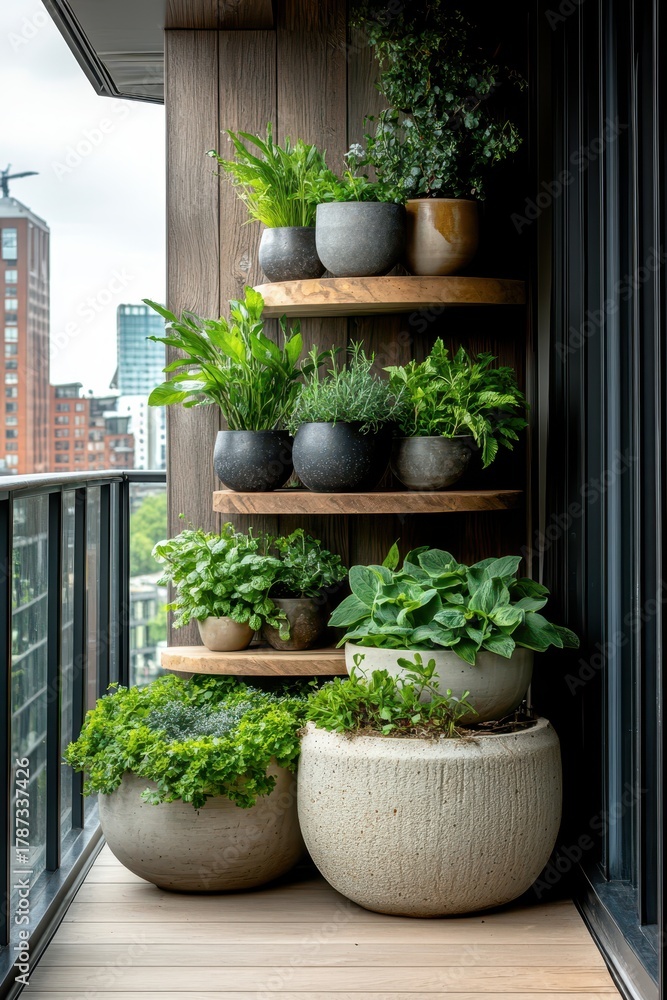 Obraz premium Lush greenery cascades from pots on shelves, creating a vertical garden oasis on a wooden balcony overlooking distant buildings.