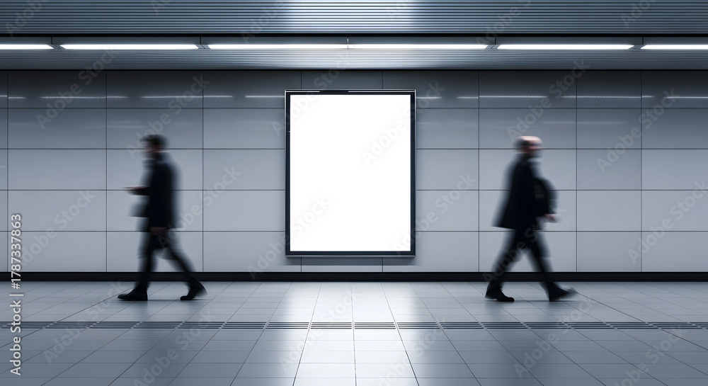 Fototapeta premium Billboard Mockup in a Modern Subway Station with People in Motion