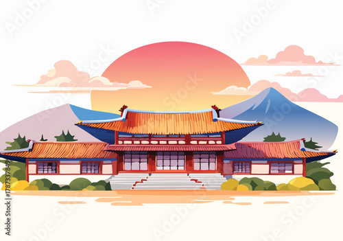 Serene Japanese temple illustration at sunset, reflecting heritage and peace, ideal for travel blogs, cultural websites, and branding with Zen aesthetics
