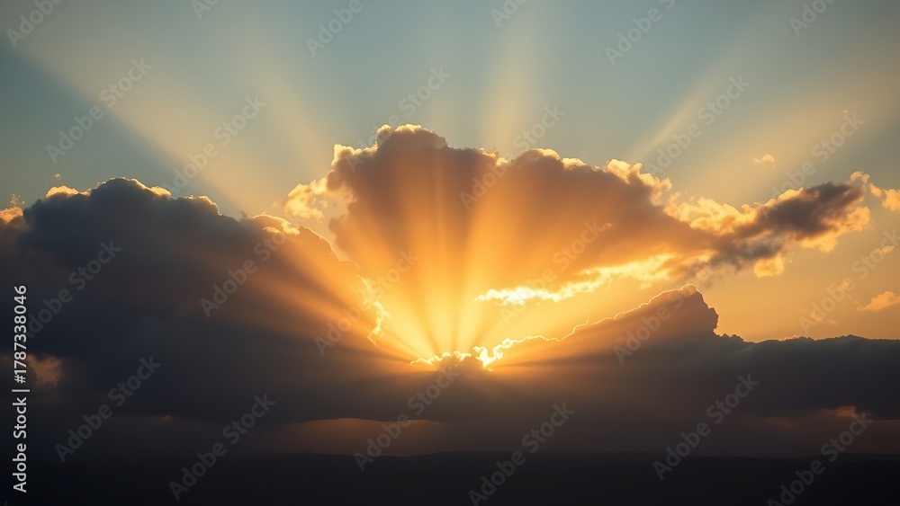 Fototapeta premium symbolic. The first rays of sunlight break through dark clouds at dawn over a landscape. travel magazines, destination branding, designed for outdoor magazines and nature guides.