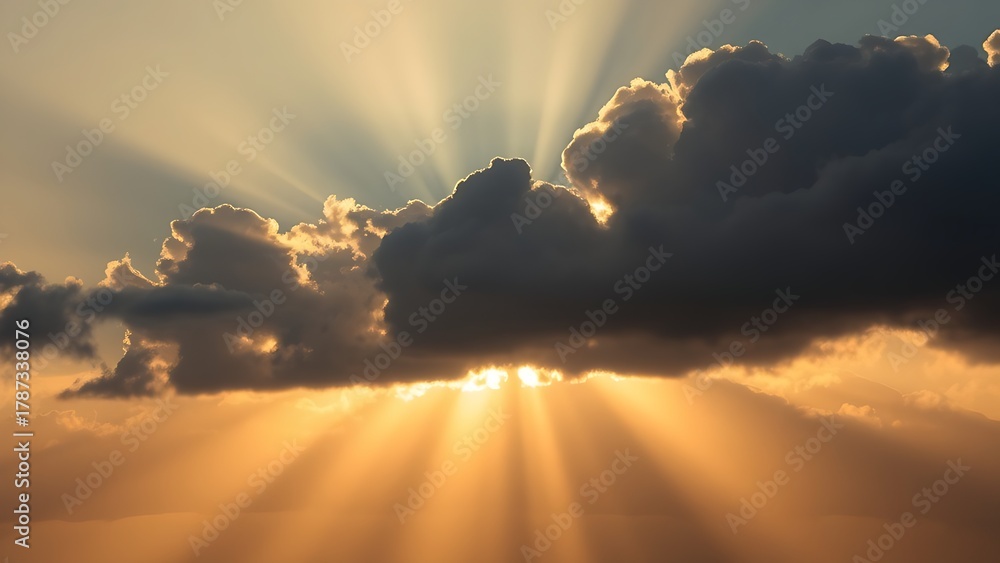 Fototapeta premium symbolic. The first rays of sunlight break through dark clouds at dawn over a landscape. travel magazines, destination branding, designed for outdoor magazines and nature guides.