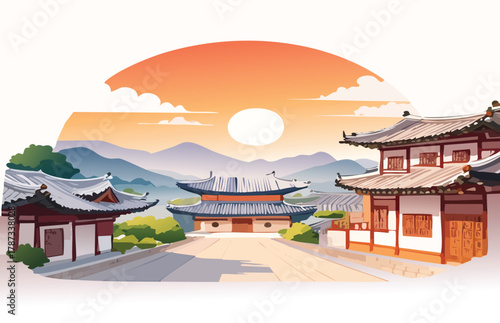 Experience the serene beauty of ancient Asian architecture and a peaceful sunset, perfect for travel blogs, historical documentaries, and cultural presentations