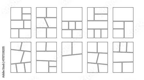 Comic book panels set. Manga collage blank template. Storyboard layout panel. Empty page line frame for photo collage. Comic book board mockup. Vector illustration isolated on white background.