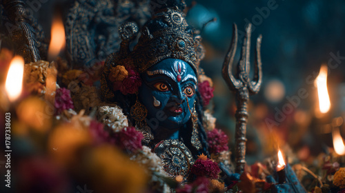 Close up of goddess kali statue adorned with flowers and lit candles in a temple setting
