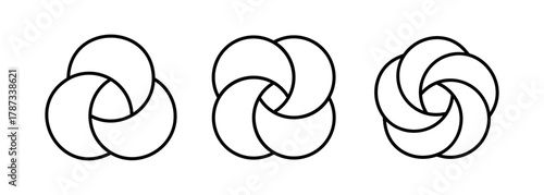 Circle Venn diagram with three, four and five parts set. Intersecting line circles. Infographic overlap balance chart icon. Business process chart. Vector illustration isolated on white background.