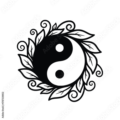 Yin Yang Symbol Surrounded by Leaves and Swirls.
