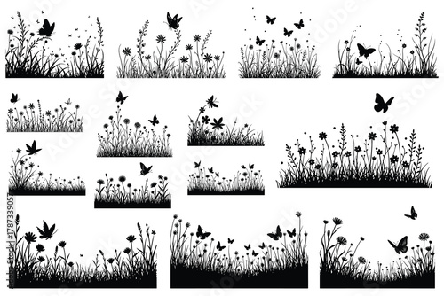 Black silhouette meadow grass wildflowers and butterflies