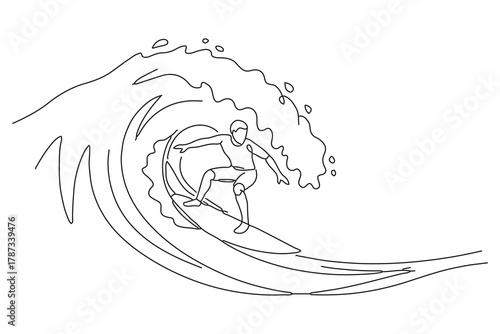 line drawing of a man surfing on high tides
