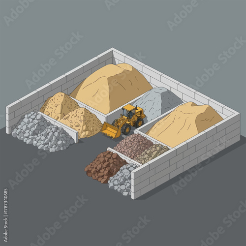 Isometric View of a Construction Material Storage Facility with Loader.