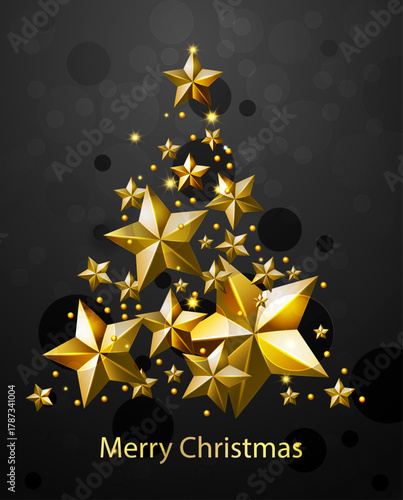 Golden Star Christmas Tree Design With Glittering Stars And Dark Bokeh Background, Elegant Celebration Decor