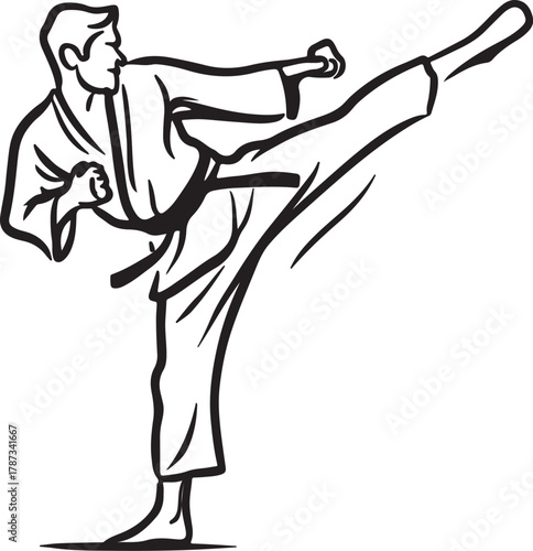 Martial arts practitioner performing a dynamic side kick in a striking silhouette out line vector pose on a white background