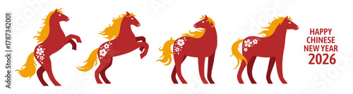 Set of red fire Chinese horses with golden manes and floral decorations. Year of the horse. Hand drawn vector illustration.