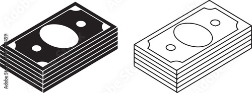 Isometric stack of money icon set black and outline versions currency financial graphic resource