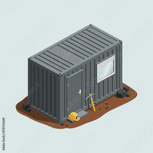 Isometric view of a gray shipping container with a door and window.