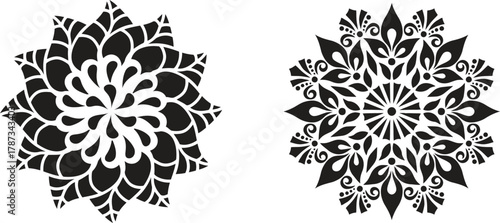 Two intricately designed floral mandalas symbolizing balance and spiritual harmony on a pristine