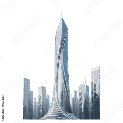 Modern twisted skyscraper with elegant lines and urban background