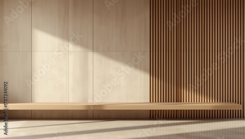 Cabinet wooden japandi design on living room muji style empty wall background.