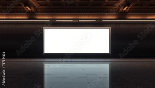 Horizontal blank advertising banners posters mockup in underground tunnel walkway; out-of-home OOH media display space, lightbox; 12 sheet template