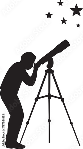 Silhouette of a person looking through a telescope at the stars night sky exploring astronomy white backgraound