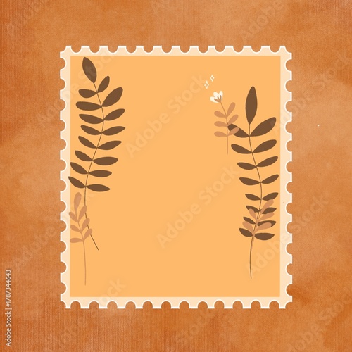 illustration of a brown postage stamp-shaped frame with floral ornaments