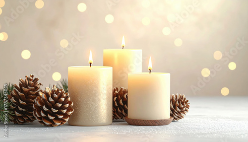Three lit candles with pinecones and festive bokeh create warm, cozy holiday atmosphere