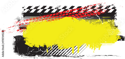 Grunge racing banner with checkered flag pattern and tire track texture , perfect for motorsport design. Racing-inspired grunge background for automotive branding design. Vector illustration.