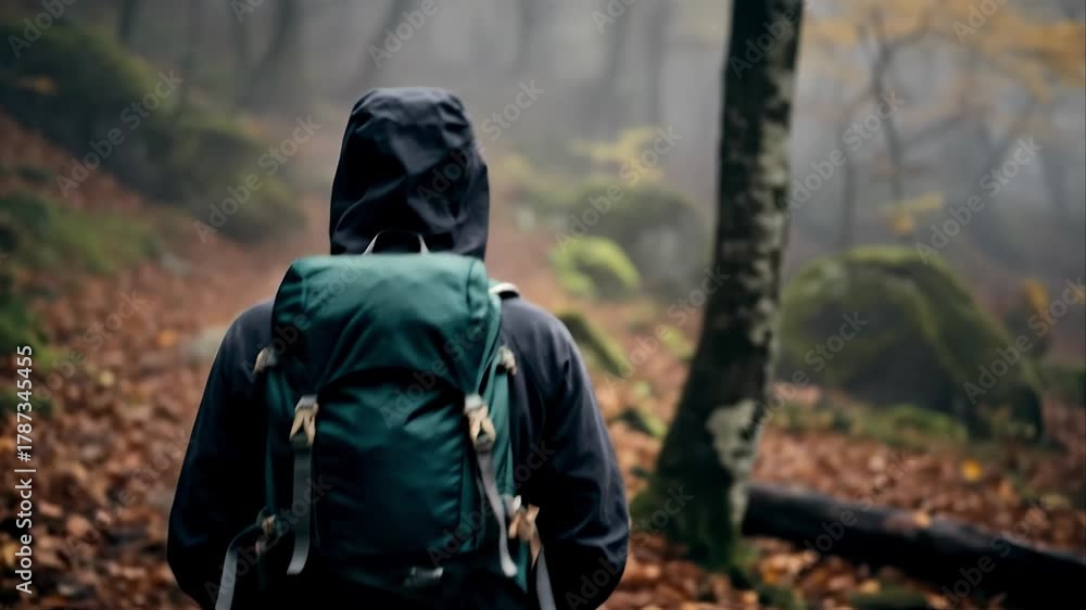 custom made wallpaper toronto digitalA person with a green backpack walks along a path in a misty forest. The ground is covered with fallen leaves, highlighting the autumnal colors.
