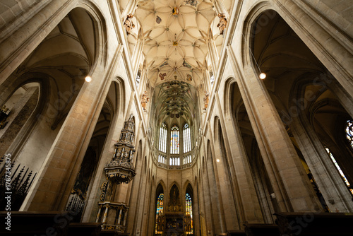 Kutná Hora, Czech Republic – August 8, 2025: Majestic interior of St. Barbara’s Cathedral showcasing intricate Gothic vaulting and towering pillars in Kutná Hora, a UNESCO heritage site