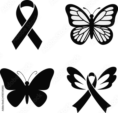Black awareness ribbons and butterflies graphic icons black ribbon butterfly