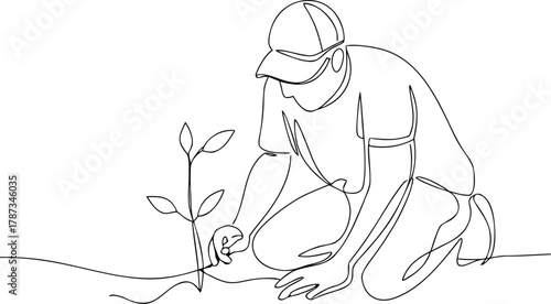 Single line drawing of person planting a seedling line art