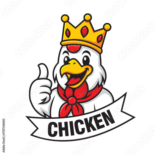 Royal Rooster Cartoon Character Smiling King Chicken with Thumbs Up Logo Design Template
