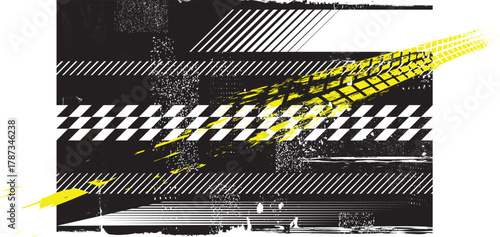 Dynamic racing background with distressed lines and asphalt texture,perfect for speed-themed creative project.Grunge racing banner with checkered pattern and tire tracks, useful for motorsport posters