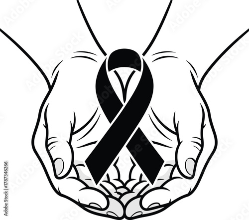 Black ribbon held in cupped hands graphic holding support