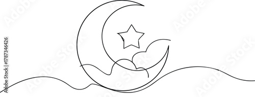 Crescent moon and star continuous line drawing night