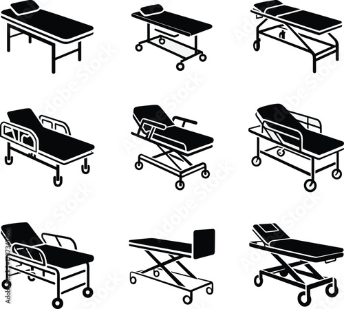 Collection of nine black medical gurneys and stretchers on white background hospital bed