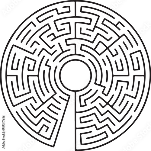 Intricate circular maze vector puzzle with a clear entrance and a central goal isolated on black.