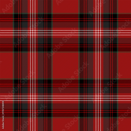 Christmas and new year tartan plaid. Scottish pattern in black, red and white cage. Scottish cage. Traditional Scottish checkered background. Seamless fabric texture. Vector illustration