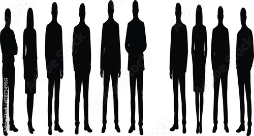 Black Silhouette Vector Set of Corporate Business People Standing, Representing Teamwork, Executives, Leadership, Management, and Professional Staff Groups.