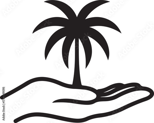 Human hand gently holding a young palm tree vector icon representing nature conservation and growth
