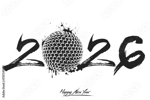 Numbers 2026 and a abstract golf ball made of blots in grunge style. Design text logo Happy New Year 2026. Template for greeting card, banner, poster. Vector illustration on isolated background