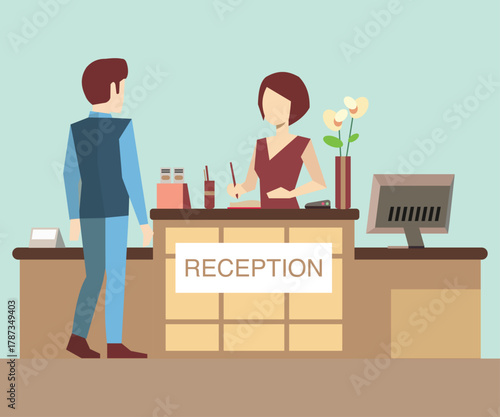 Hotel receptionist serving guests. Stock Illustration