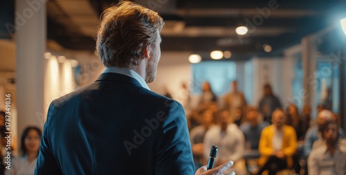 Business presentation being given by tech executive. Corporate seminar with expert speaker presenting to people. Man giving speech during lecture. Leadership training coach in workshop. High quality