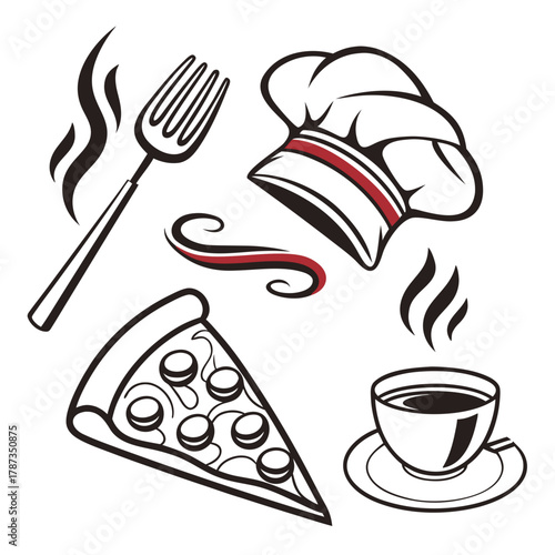 Food and restaurant icons — fork, chef hat, coffee cup, and pizza slice.