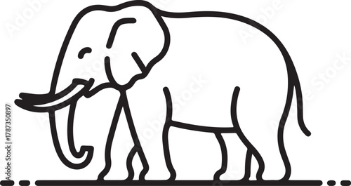 Elephant vector outline illustration standing sideways on a minimal ground line isolated on a dark background