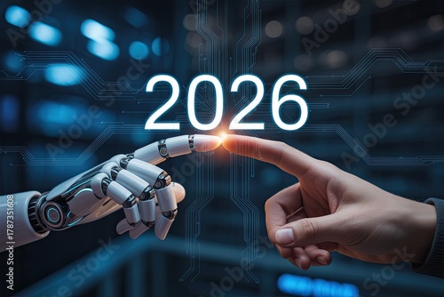 Human and robotic fingers touch above the year 2026 displayed for business future planning.