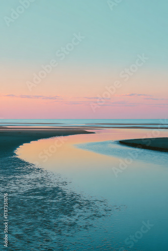 Zen Coastal Horizon Line Separating Soft Pastel Sky and Wet Reflective Sand – good for banner design