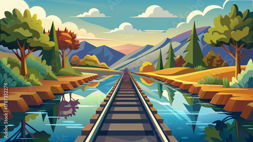 Very beautiful view of railway tracks running alongside a calm river, featuring clear reflections of the tracks and surrounding trees in the still water, creating a realistic serene landscape with nat