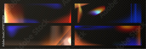 Film leak light effect with flare overlay on transparent background. Vintage photo filter set - rainbow grain spectrum, orange glow, blue and red colors for old retro photography aesthetics.