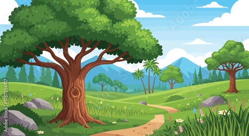 Cartoon Nature Landscape with Rolling Hills, Large Tree, Path, and Mountains